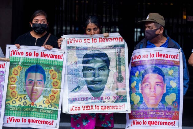 September 20, 2022, Mexico City, CDMX, Mexico: Students from the Isidro Burgos teacherÃ‚Â s rural school in Ayotzinapa, as well as mothers and fathers of the 43 missing youths, called for a protest in front of the Ministry of Foreign Affairs to demand to speed up the process for the extradition of Tomas Zeron de Lucio, former head of the Criminal Investigation Agency (AIC by its acronym in Spanish), who is in Israel. Zeron de Lucio is accused of torture and forced disappearance in connection with the case Mexico City Mexico - ZUMAl178 20220920_znp_l178_028 Copyright: xCristianxLeyvax