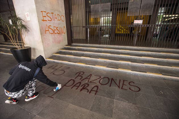 September 20, 2022, Mexico City, CDMX, Mexico: Students from the Isidro Burgos teacherÃ‚Â s rural school in Ayotzinapa, as well as mothers and fathers of the 43 missing youths, called for a protest in front of the Ministry of Foreign Affairs to demand to speed up the process for the extradition of Tomas Zeron de Lucio, former head of the Criminal Investigation Agency (AIC by its acronym in Spanish), who is in Israel. Zeron de Lucio is accused of torture and forced disappearance in connection with the case Mexico City Mexico - ZUMAl178 20220920_znp_l178_042 Copyright: xCristianxLeyvax
