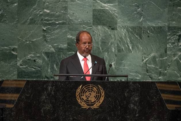 (220923) -- UNITED NATIONS, Sept. 23, 2022 -- Somali President Hassan Sheikh Mohamud speaks during the General Debate of the 77th session of the UN General Assembly at the UN headquarters in New York, on Sept. 22, 2022. TO GO WITH Somalia committed to tackling famine, terrorism, president tells UN General Assembly ( Handout via Xinhua) UN-GENERAL ASSEMBLY-GENERAL DEBATE CiaxPak UNxPhoto 
