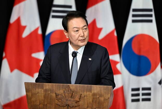 September 23, 2022, Ottawa, ON, CAN: President of South Korea Yoon Suk Yeol participates in a joint news conference with Prime Minister of Canada Justin Trudeau, not shown, during a visit in Ottawa, Friday, Sept. 23, 2022. Ottawa CAN - ZUMAc35_ 20220923_zaf_c35_109 Copyright: xJustinxTangx