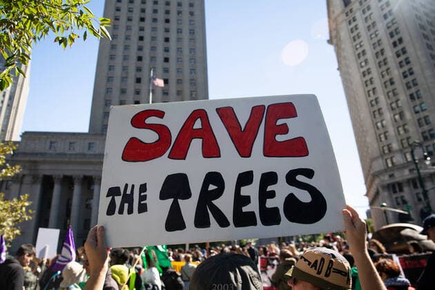 September 23, 2022, New York City, United States: A protester holds a placard reading, Save the trees during the climate strike. Hundreds of youth climate protesters marched from Foley Square to Battery Park with Fridays for the Future International Climate Strike. New York City United States - ZUMAs197 20220923_zaa_s197_166 Copyright: xKarlaxCotx