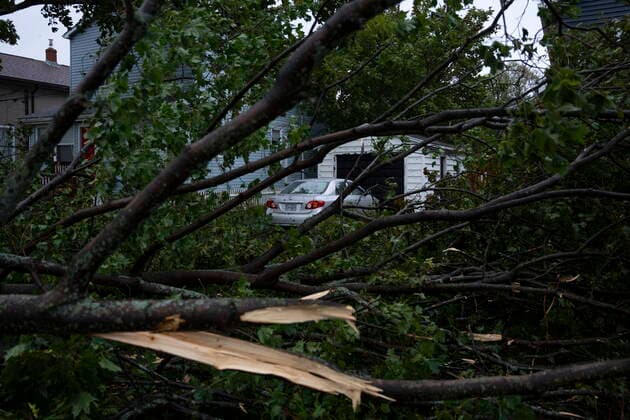 September 24, 2022, Halifax, NS, Canada: A fallen tree blocks a car as post tropical storm Fiona causes widespread damage in Halifax on Saturday, September 24, 2022. Halifax Canada  - ZUMAc35_ 20220924_zaf_c35_018 Copyright: xDarrenxCalabresex