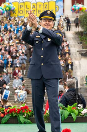 Munich, at the 187 Oktoberfest on the Theresienwiese, below the Bavaria the Wiesn Wirte Platzkonzert takes place, conductor Christian Schaefer, head of the Wiesnwache