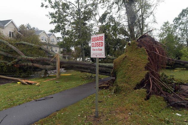 September 26, 2022, Charlottetown, PE, CANADA: A tree downed by post-tropical storm Fiona is seen blocking a pedestrian walkway in Charlottetown, Monday, Sept. 26, 2022. Across the Maritimes, eastern Quebec and in southwestern Newfoundland, the economic impact of the storm s wrath is still being tallied. Charlottetown CANADA  - ZUMAc35_ 20220926_zaf_c35_115 Copyright: xBrianxMcinnisx