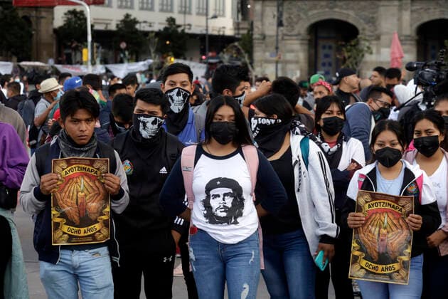 September 26, 2022, Mexico City, Mexico: Ayotzinapa students take part during the demonstration to demnad justice for the crime as part of the 8th anniversary of the forced disappearance of the 43 normalistas of Ayotzinapa Zocalo in Mexico City. on September 26, 2022 in Mexico City, Mexico. Mexico City Mexico - ZUMAe321 20220926_zia_e321_045 Copyright: xLuisxBarronxEyepixxGroupx