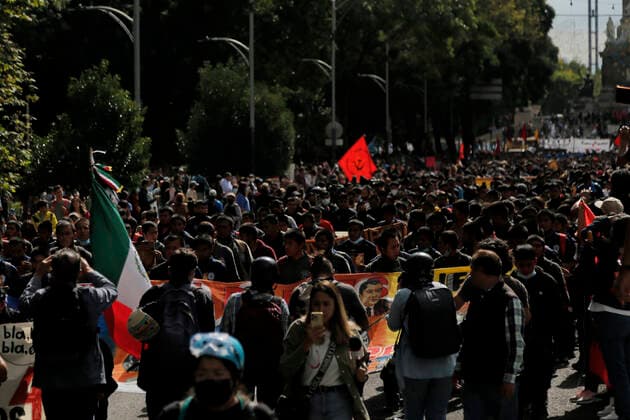 September 26, 2022, Mexico, Mexico: Protesters march on the street during a demonstration to commemorate the 8th anniversary of the disappearance of the 43 Ayotzinapa students. On the night of September 26, 2014, 43 students from the Raoel Isidro Burgos Rural Normal School located in Iguala, Guerrero, were victims of forced disappearance by members of public security from the state of Guerrero and federal military security..The students had allegedly tried to hijack trucks to use for their protests. Mexico Mexico - ZUMAs197 20220926_zaa_s197_333 Copyright: xGuillermoxDiazx