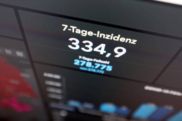 RKI dashboard, 7 day incidence is now 334.9 7 day incidence, RKI dashboard on a monitor on 27 09 2022 in Siegen Germany.