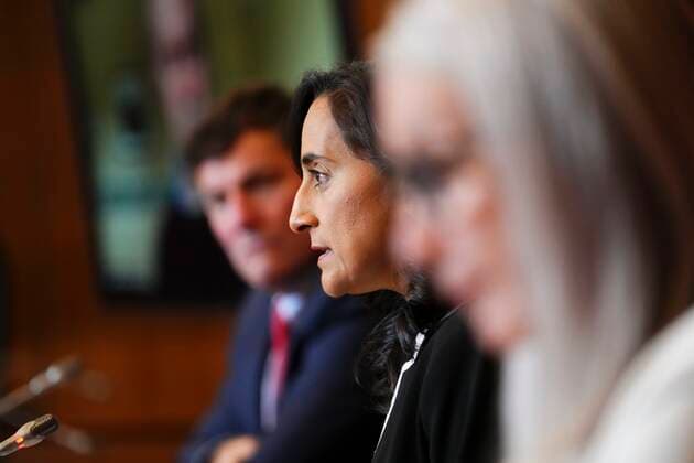 September 27, 2022, Ottawa, ON, CAN: Minister of Intergovernmental Affairs, Infrastructure and Communities Dominic LeBlanc, left to right, Minister of National Defence Anita Anand and Minister of Indigenous Services and Minister responsible for the Federal Economic Development Agency for Northern Ontario Patty Hajdu hold a press conference in Ottawa on Tuesday, Sept. 27, 2022. Ottawa CAN  - ZUMAc35_ 20220927_zaf_c35_005 Copyright: xSeanxKilpatrickx