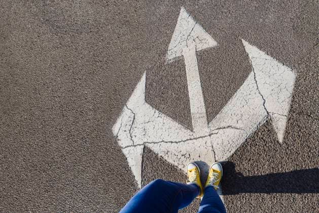 Woman standing on three way direction arrow sign on road model released, Symbolfoto, OSF00794
