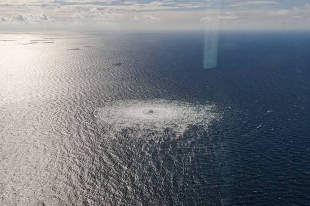 View taken from a Danish F-16 interceptor of the Nord Stream 2 gas leak just south of Dueodde, Denmark, on Tuesday, September 27, 2022. This leak is one of three on the Nord Stream gas pipelines in the Baltic Sea; the other two are located on Nord Stream 1 northeast of Bornholm. The Danish Navy has established prohibition zones around the leaks for the safety of ship and air traffic. 1 WAX2022092803 DANISHxDEFENCE