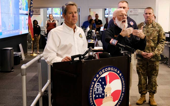 September 30, 2022, Atlanta, Georgia, USA: Three days after declaring a state of emergency for the state of Georgia due to threat of Hurricane Ian, Gov. Brian Kemp returns to the Georgia Emergency Management Agency Homeland Security State Operations Center to give an update. The storm has not impacted Georgia as expected, but Georgia is ready to aid Florida with resources if needed, and also to aid the state of South Carolina, as the storm has strengthened, and is headed in that diriection, Kemp says. Atlanta USA - ZUMAb165 20220930_znp_b165_003 Copyright: xJohnxArthurxBrownx