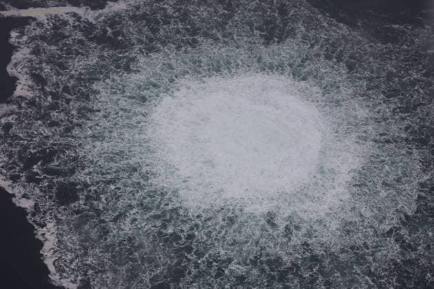 (220930) -- STOCKHOLM, Sept. 30, 2022 -- Aerial photo provided by on Sept. 28, 2022 shows a gas leak on the Nord Stream 1 pipeline. TO GO WITH 4th leak found on Nord Stream pipelines: Swedish Coast Guard ( Handout via Xinhua) SWEDEN-COAST GUARD-NORD STREAM-LEAK ThexSwedishxCoastxGuard 