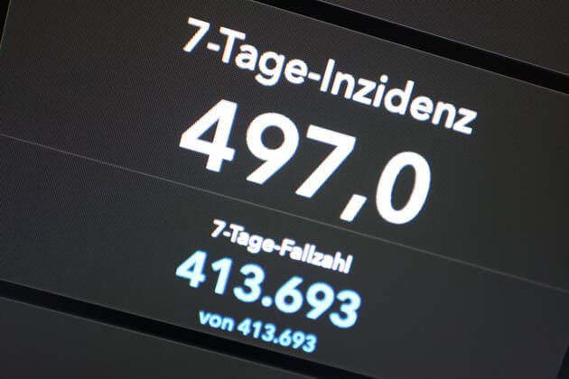 RKI dashboard, 7 day incidence is now 497.0 7 day incidence, RKI dashboard on a monitor on 01 10 2022 in Siegen Germany.