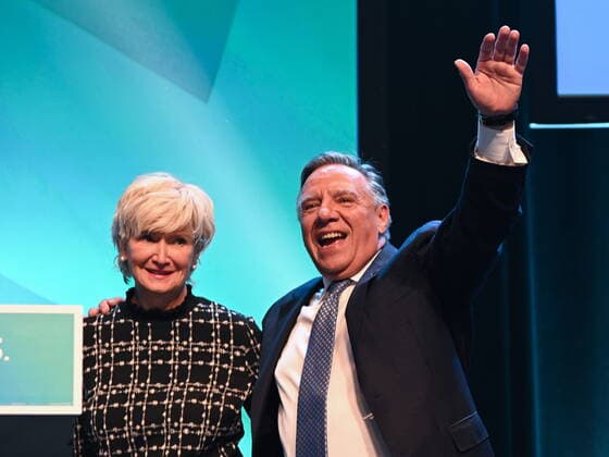 October 3, 2022, QUEBEC, PQ, Canada: Coalition Avenir Quebec Leader Francois Legault waves as he walks in for his victory speech with his wife Isabelle Brais, Monday, October 3, 2022 in Quebec City. THE CANADIAN PRESS QUEBEC Canada  - ZUMAc35_ 20221003_zaf_c35_172 Copyright: xJacquesxBoissinotx