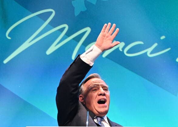 October 3, 2022, QUEBEC, PQ, Canada: Coalition Avenir Quebec Leader Francois Legault thanks supporters and candidates during his victory speech on Monday, October 3, 2022 in Quebec City. QUEBEC Canada  - ZUMAc35_ 20221003_zaf_c35_176 Copyright: xJacquesxBoissinotx