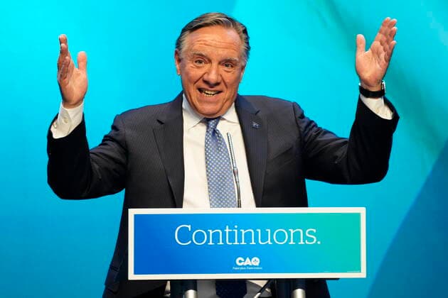 October 3, 2022, Quebec City, PQ, CANADA: CAQ Leader Francois Legault makes his victory speech to supporters at the Coalition Avenir Quebec election night headquarters, in Quebec City, Monday, Oct. 3, 2022. Quebec City CANADA  - ZUMAc35_ 20221003_zaf_c35_182 Copyright: xPaulxChiassonx
