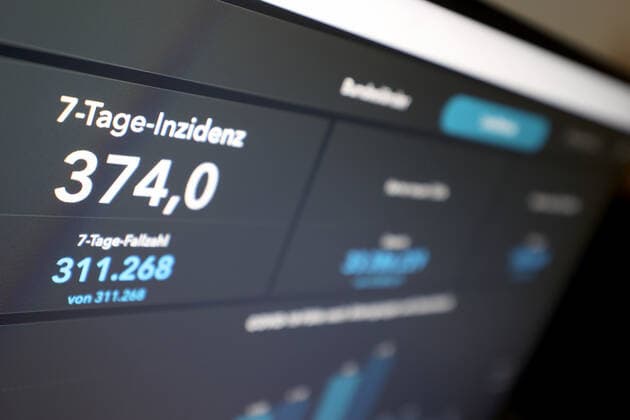 RKI dashboard, 7 day incidence is now 374.0 7 day incidence, RKI dashboard on a monitor on 04 10 2022 in Siegen Germany.