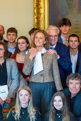 Prince Laurent and Princess Claire of Belgium are seen posing with laureats at the award ceremony of the Prix Terre d Avenir Prijs Focus Aarde science awards, in Brussels, Wednesday 05 October 2022. The award is an initiative of the Queen Paola Foundation in collaboration with the Dirk Frimout Foundation and rewards the best integrated tests and cross-curricular group projects (Extraordinary secondary education and Center for part-time education) about the earth, space or the relationship between people and soil.  JONASxROOSENS 46344008