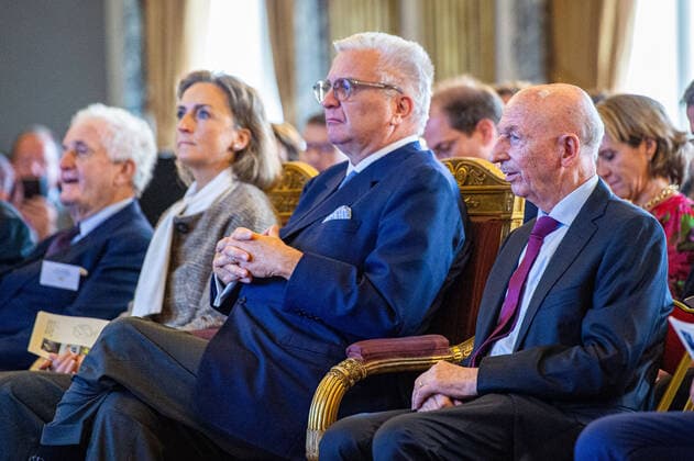 Princess Claire of Belgium, Prince Laurent of Belgium and Belgian astronaut Dirk Frimout pictured during the award ceremony of the Prix Terre d Avenir Prijs Focus Aarde science awards, in Brussels, Wednesday 05 October 2022. The award is an initiative of the Queen Paola Foundation in collaboration with the Dirk Frimout Foundation and rewards the best integrated tests and cross-curricular group projects (Extraordinary secondary education and Center for part-time education) about the earth, space or the relationship between people and soil.  JONASxROOSENS 46344043