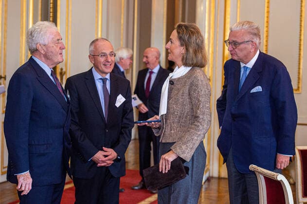 Count Bernard de Traux de Wardin, an unidentified man, Princess Claire of Belgium and Prince Laurent of Belgium pictured during the award ceremony of the Prix Terre d Avenir Prijs Focus Aarde science awards, in Brussels, Wednesday 05 October 2022. The award is an initiative of the Queen Paola Foundation in collaboration with the Dirk Frimout Foundation and rewards the best integrated tests and cross-curricular group projects (Extraordinary secondary education and Center for part-time education) about the earth, space or the relationship between people and soil.  JONASxROOSENS 46344177
