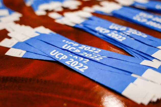 October 6, 2022, Calgary, AB, CANADA: Wrist bands await party faithful at the United Conservative Party of Alberta s leadership announcement in Calgary, Alta., Thursday, Oct. 6, 2022. Calgary CANADA  - ZUMAc35_ 20221006_zaf_c35_146 Copyright: xJeffxMcintoshx