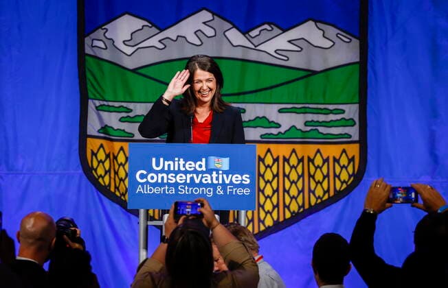 October 6, 2022, Calgary, AB, CANADA: Danielle Smith celebrates after being chosen as the new leader of the United Conservative Party and next Alberta premier in Calgary, Alta., Thursday, Oct. 6, 2022. Calgary CANADA  - ZUMAc35_ 20221006_zaf_c35_154 Copyright: xJeffxMcintoshx