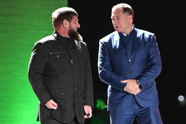 Russia Putin Anniversary Celebration 8291728 07.10.2022 Chechnya s regional President Ramzan Kadyrov and Deputy Prime Minister Marat Khusnullin attend at a concert in honor of the 70th anniversary of Russian President Vladimir Putin in Grozny, Chechen Republic, Russia. Vladimir Astapkovich Sputnik Grozny Russia  Copyright: xVladimirxAstapkovichx