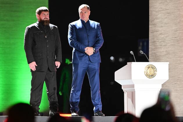 Russia Putin Anniversary Celebration 8291729 07.10.2022 Chechnya s regional President Ramzan Kadyrov and Deputy Prime Minister Marat Khusnullin attend at a concert in honor of the 70th anniversary of Russian President Vladimir Putin in Grozny, Chechen Republic, Russia. Vladimir Astapkovich Sputnik Grozny Russia  Copyright: xVladimirxAstapkovichx