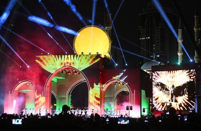 Russia Putin Anniversary Celebration 8291738 07.10.2022 Artists perform at a concert in honor of the 70th anniversary of Russian President Vladimir Putin in Grozny, Chechen Republic, Russia. Vladimir Astapkovich Sputnik Grozny Russia  Copyright: xVladimirxAstapkovichx