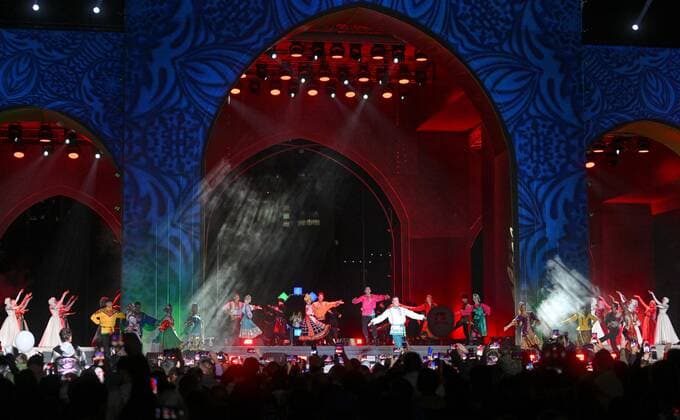 Russia Putin Anniversary Celebration 8291744 07.10.2022 Artists perform at a concert in honor of the 70th anniversary of Russian President Vladimir Putin in Grozny, Chechen Republic, Russia. Vladimir Astapkovich Sputnik Grozny Russia  Copyright: xVladimirxAstapkovichx