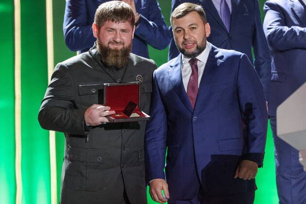 Russia. Grozny. OCTOBER 7, 2022. Chechnya s Head Ramzan Kadyrov (L) and Denis Pushilin, acting head of the Donetsk People s Republic, attend a concert marking the 70th birthday of Russian President Vladimir Putin. Erik Romanenko TASS  55236607