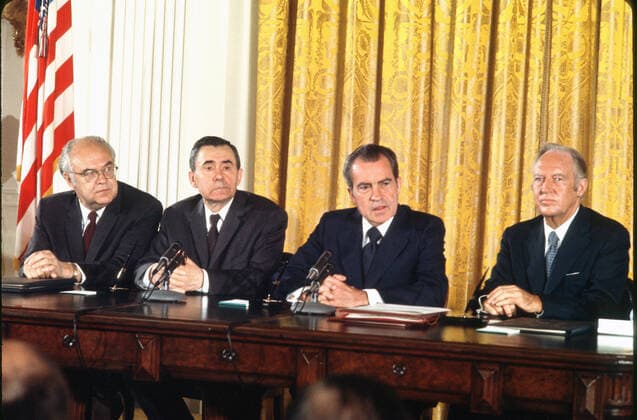 October 3, 1972, Washington, District of Columbia, USA: United States President Richard M. Nixon, second right, makes remarks during a signing ceremony for the instruments of ratification of the SALT agreements between the Union of Soviet Socialist Republics (USSR) and the United States in the East Room of the White House in Washington, DC on October 3, 1972. Pictured from left to right: Soviet Ambassador Anatoly F. Dobrynin, Soviet Foreign Minister Andrei Gromyko, President Nixon, and US Secretary of State William P. Rogers. The agreements intend to restrain the growth of the nuclear arsenals of both nations Washington USA - ZUMAs152 19721003_zaa_s152_002 Copyright: xArniexSachsx