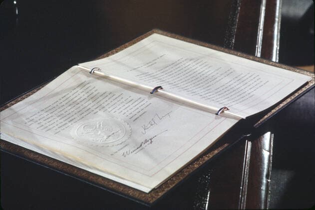 October 3, 1972, Washington, District of Columbia, USA: Instruments of ratification of the SALT agreements between the United States and the Union of Soviet Socialist Republics (USSR), signed by US President Richard M. Nixon and Soviet Foreign Minister Andrei Gromyko in the East Room of the White House in Washington, DC on October 3, 1972. The agreements intend to restrain the growth of the nuclear arsenals of both nations Washington USA - ZUMAs152 19721003_zaa_s152_007 Copyright: xArniexSachsx