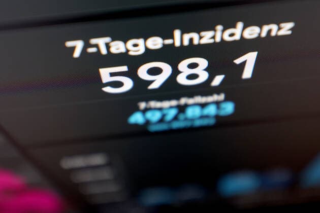 RKI dashboard, 7 day incidence is now 598.1 7 day incidence, RKI dashboard on a monitor on 10 10 2022 in Siegen Germany.