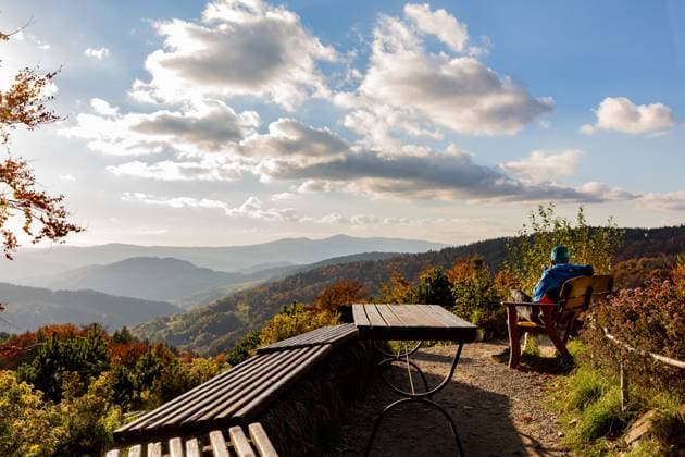 Autumn Season In Beskid Mountains A tourist sits on a bench in Shepherd s Hut hostel on the top of Wierchomla mountain looking at the picturesque view on Beskid mountains as Autumn leaves cover trees near Krynica Zdroj, Poland on October 11, 2022. Beskid paths are popular holiday destinations for hikers and cyclists in Autumn season. Krynica Zdroj maÅ‚opolskie Poland  Copyright: xDominikaxZarzyckax originalFilename: zarzycka-hikingpa221009_npqb4.jpg
