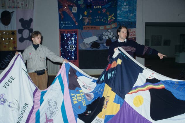 Exhibition of patchwork quilts 8280384 30.11.1991 An exhibition of quilts (quilts) from San Francisco, on which the names of those who died from AIDS are written. Moscow House of Artists on Kuznetsky Most in Moscow. Moscow Russia  Copyright: xx