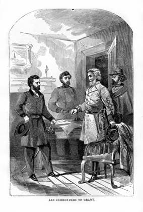 RECORD DATE NOT STATED Robert E Lee surrenders to Ulysses S Grant, 9 April 1865, (1872). Confederate general Lee surrenders to Grant, general in chief of the Union army during the American Civil War, at the village of Appomattox Court House, Virginia. Engraving from John Gilmary Shea, A Child s History of the United States, Hess and McDavitt, New York, 1872. Robert E Lee surrenders to Ulysses S Grant, 9 April 1865, (1872). Artist: Unknown