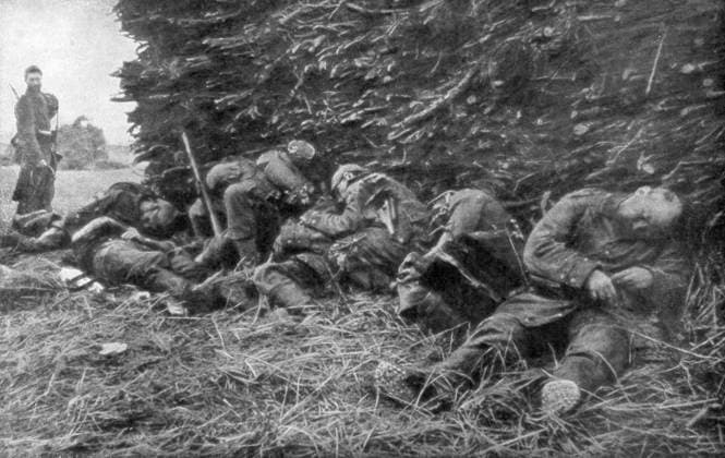 RECORD DATE NOT STATED German soldiers killed by artillery fire, 1st Battle of the Marne, France, 5-12 September 1914. The Battle of the Marne saw the French halt the German advance and save Paris. After the battle both sides began to dig in and the trench warfare for which the First World War is best remembered began. German soldiers killed by artillery fire, 1st Battle of the Marne, France, 5-12 September 1914. Artist: Unknown 
