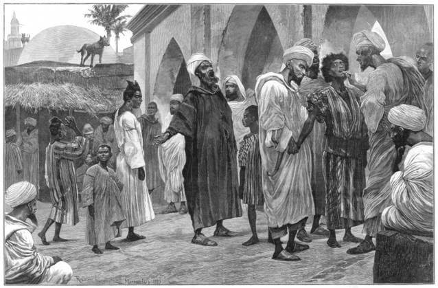 IMAGO History, Ende des afrikanischen Sklavenhandels und die Abschaffung der Sklaverei: 1807-1888 RECORD DATE NOT STATED The Slave Market in Morocco, 1888. Illustration from the Illustrated London News, (18 February 1888). The Slave Market in Morocco, 1888. Artist: Richard Caton Woodville II 