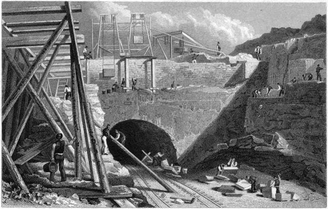 IMAGO History, Die Geburt des Eisenbahnverkehrs: 1802-1830 RECORD DATE NOT STATED Entrance to the tunnel of the Liverpool & Manchester railway, Edge Hill, Liverpool, c1820s. This tunnel, seen here under construction ran from Edge Hill to Lime Street, Liverpool, and was designed by the engineer, William MacKenzie. It was one of the first railway tunnels ever built. The Liverpool & Manchester Railway was designed by its chief engineer, George Stephenson and opened in September 1830. Entrance to the tunnel of the Liverpool & Manchester railway, Edge Hill, Liverpool, c1820s. Artist: John Davies