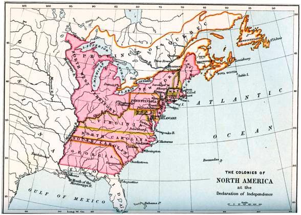 RECORD DATE NOT STATED The colonies of North America at the declaration of independence, 1776 (1894). An illustration from A Short History of the English People, by John Richard Green, illustrated edition, Volume IV, Macmillan and Co, London, New York, 1894. The colonies of North America at the declaration of independence, 1776 (1894). Artist: Unknown 
