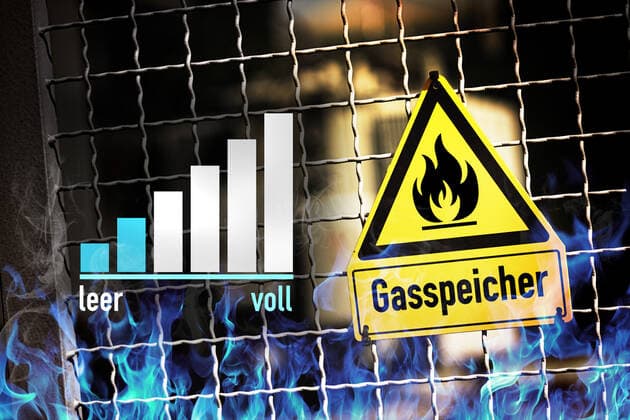 FOTOMONTAGE, Schild mit Gasflamme, fast leerer Ladestandsanzeige und Aufschrift Gasspeicher *** PHOTOMONTAGE, sign with gas flame, almost empty charge level indicator and inscription gas storage tank. ** NUR FUER REDAKTIONELLE ZWECKE ** EDITORIAL USE ONLY **