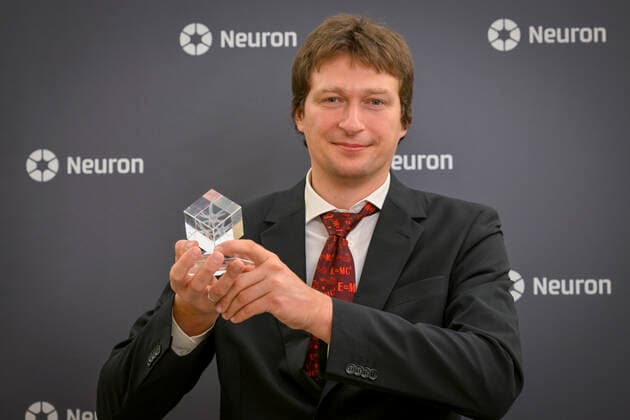 Martin Setvin, from Charles University s Faculty of Mathematics and Physics, inquires into why some materials generate photo voltage and how this energy can be used. His improvement of microscopy methods enabled to create unprecedented snaps with atomic definition on dielectric materials. Martin Setvin receives Neuron Endowment Fund s prize during the ceremony in Prague s National Museum, Prague, Czech Republic, October 16, 2022. (CTKxPhoto VitxSimanek) CTKPhotoP2022101607156  VIS 009