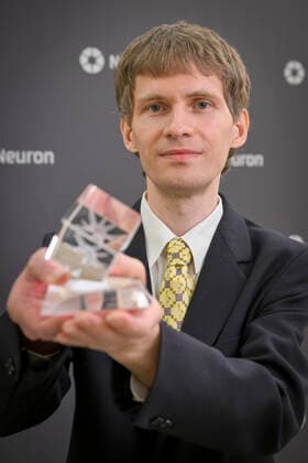Jan Kyncl, a mathematician, from Charles University s Faculty of Mathematics and Physics, a leading expert in combinatorics and discrete geometry receives Neuron Endowment Fund s prize during the ceremony in Prague s National Museum, Prague, Czech Republic, October 16, 2022. (CTKxPhoto VitxSimanek) CTKPhotoP2022101607235  VIS 015