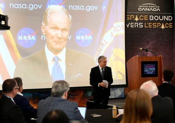 October 18, 2022, Ottawa, ON, CAN: NASA Administrator Bill Nelson is seen in a pre-recorded video message as Minister of Innovation, Science and Industry Francois-Philippe Champagne leaves the stage after announcing Canada s contribution to NASA s Atmosphere Observing System, at Space Canada s Space Bound conference in Ottawa, on Tuesday, Oct. 18, 2022. Ottawa CAN  - ZUMAc35_ 20221018_zaf_c35_005 Copyright: xJustinxTangx