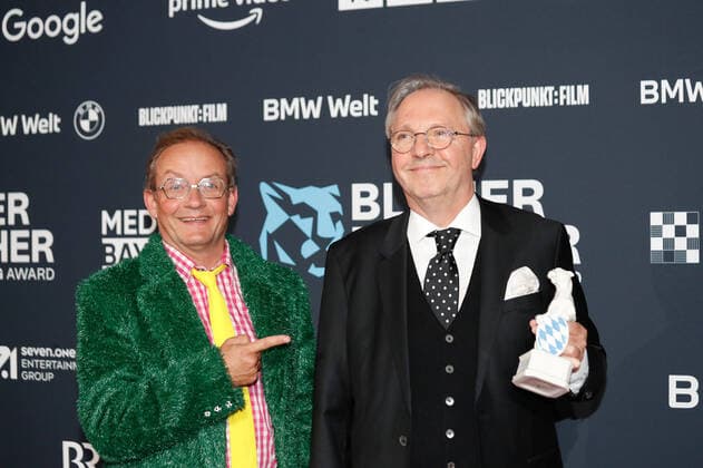 Blue Panther TV Streaming Award ceremony in Munich Laudator Wigald Boning and award winner Olli Dittrich at the Blue Panther Bavarian Television Award ceremony at BMW Welt in Munich Copyright: xEventpressxGolejewskix