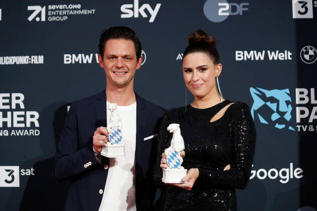 Blue Panther TV Streaming Award ceremony in Munich Award winners Salwa Houmsi and Jo Schück at the Blue Panther Bavarian Television Award ceremony at BMW Welt in Munich. Copyright: xEventpressxGolejewskix