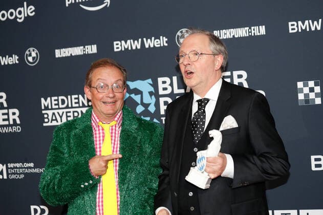 Blue Panther TV Streaming Award ceremony in Munich Laudator Wigald Boning and award winner Olli Dittrich at the Blue Panther Bavarian Television Award ceremony at BMW Welt in Munich Copyright: xEventpressxGolejewskix