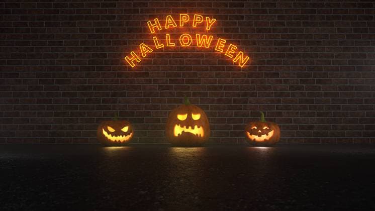 Happy Halloween Pumpkins Carved and glowing Halloween pumpkins on a brick wall. . 3d illustration.