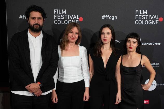 from left producer Elmar IMANOV, producer Eva BLONDIAU, actress Taki MUMLADZE, actress Mariam KHUNLADZE red carpet, red carpet show, arrival, arrival, Film Festival Cologne awards in Cologne, 27 10 2022